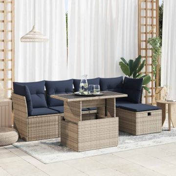 Set mobilier grădină cu perne 6 piese gri poliratan/lemn acacia