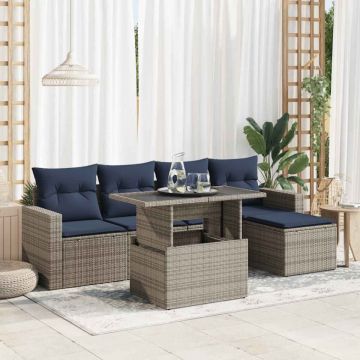 Set mobilier grădină cu perne 6 piese gri poliratan/lemn acacia