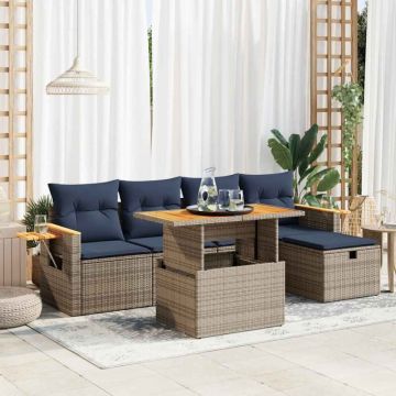Set mobilier grădină cu perne 6 piese gri poliratan/lemn acacia