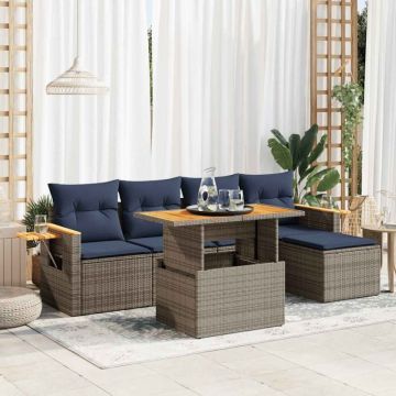 Set mobilier grădină cu perne 6 piese gri poliratan/lemn acacia