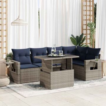 Set mobilier grădină cu perne 6 piese gri poliratan/lemn acacia