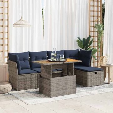 Set mobilier grădină cu perne 6 piese gri poliratan/lemn acacia