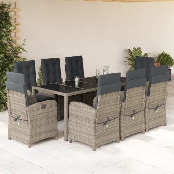 Set mobilier grădină cu perne, 9 piese, gri, poliratan