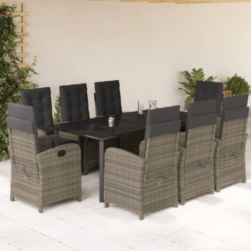 Set mobilier grădină cu perne, 9 piese, gri, poliratan