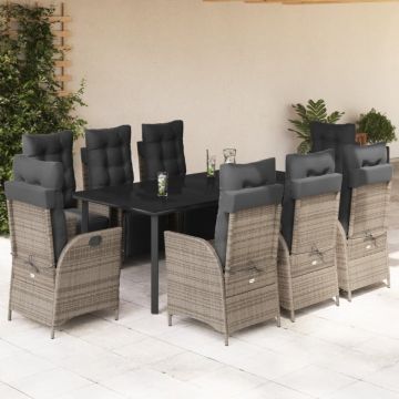 Set mobilier grădină cu perne, 9 piese, gri, poliratan