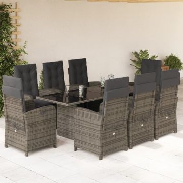 Set mobilier grădină cu perne, 9 piese, gri, poliratan