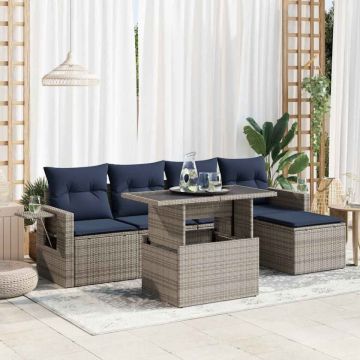 Set mobilier grădină perne 6 piese negru poliratan/lemn acacia