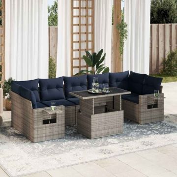 Set mobilier grădină perne 8 piese negru, poliratan/lemn acacia