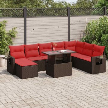 Set mobilier grădină perne 9 piese negru poliratan/lemn acacia