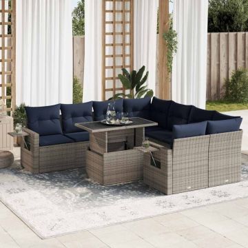 Set mobilier grădină perne 9 piese negru poliratan/lemn acacia