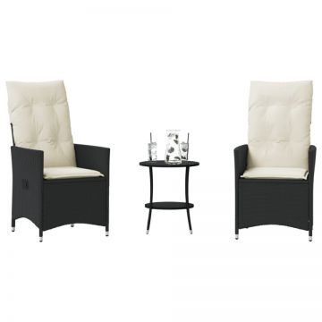 Set bistro cu perne, 3 piese, negru, poliratan