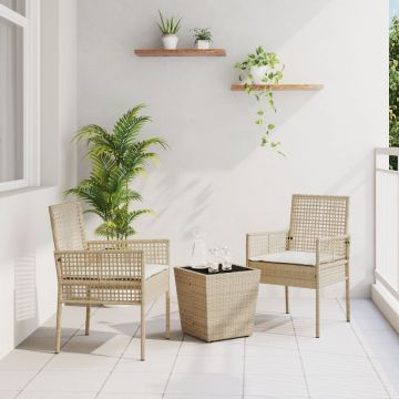 Set bistro de grădină, 3 piese, cu perne, bej, poliratan