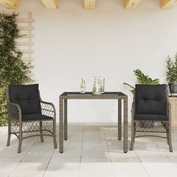 Set bistro de grădină cu perne, 3 piese, gri, poliratan