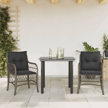 Set bistro de grădină cu perne, 3 piese, gri, poliratan