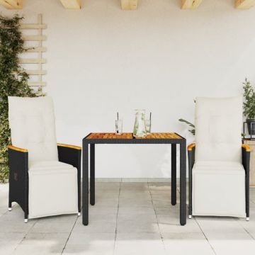 Set bistro de grădină cu perne, 3 piese, negru, poliratan