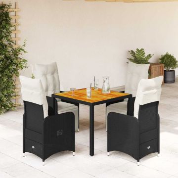 Set bistro de grădină cu perne, 5 piese, negru, poliratan