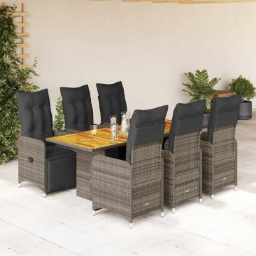 Set bistro de grădină cu perne, 7 piese, gri, poliratan
