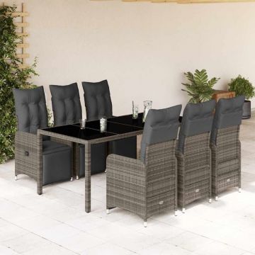 Set bistro de grădină cu perne, 7 piese, gri, poliratan
