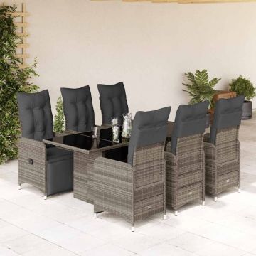 Set bistro de grădină cu perne, 7 piese, gri, poliratan