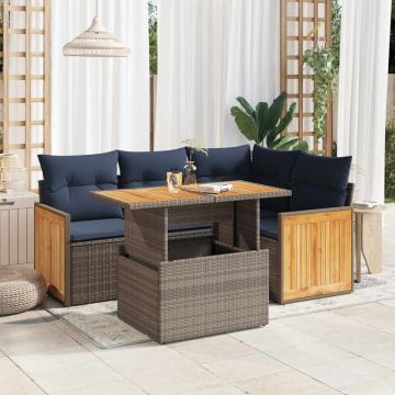 Set canapea de grădină cu perne, 5 piese, poliratan/lemn acacia