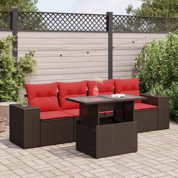 Set canapele de grădină cu perne, 5 piese, maro, poliratan
