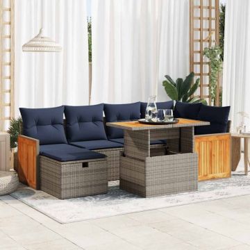 Set canapele grădină perne 7 piese negru, poliratan/lemn acacia