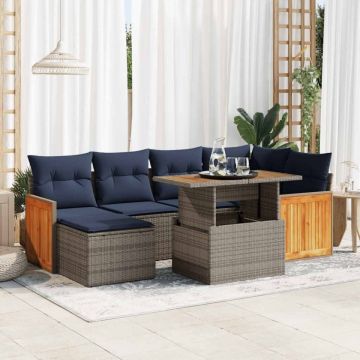 Set canapele grădină perne 7 piese negru, poliratan/lemn acacia