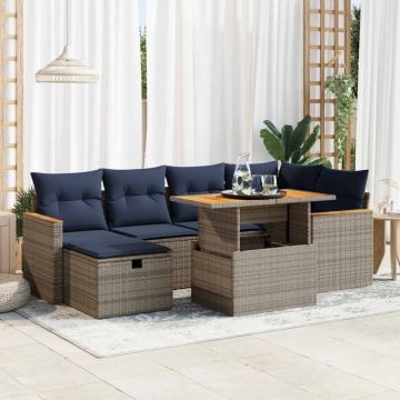 Set canapele grădină perne 7 piese negru, poliratan/lemn acacia