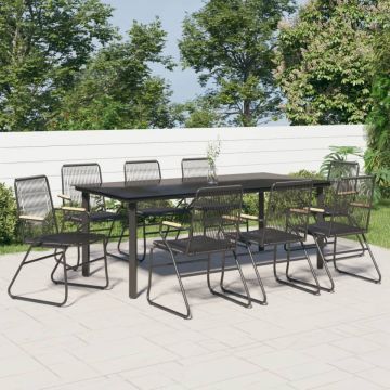 Set cu masă pentru grădină, 9 piese, negru, ratan PVC