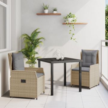 Set de cină pentru grădină de 3 piese din poliratan bej, Masă de grădină neagră 80x80x73 cm din sticlă securizată