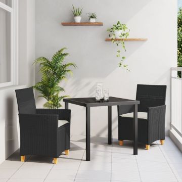 Set de dineu pentru grădină cu 3 piese și perne Negru Ratan Polimerizat