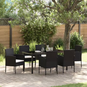 Set de Dining de Grădină 7 Piese cu Pernă Negru Poliratan