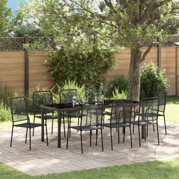 Set de dining de grădină 9 Piese Negru Rânduri de Bumbac și Oțel