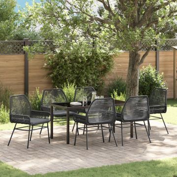 Set de dining de grădină cu 7 piese și perne Negru Rattan polimeric