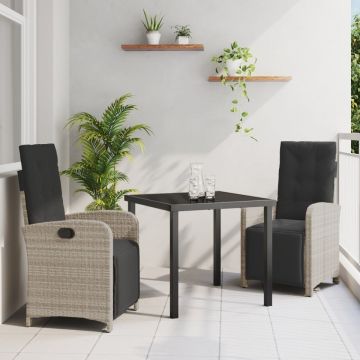 Set de dining grădină 3 piese perne gri deschis ratan poliester, Masă de grădină neagră 80x80x73 cm din sticlă securizată