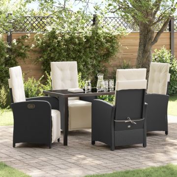 Set de dining în grădină cu 5 piese și perne din rattan poli negru, Masă de grădină neagră 140x80x73 cm din sticlă securizată