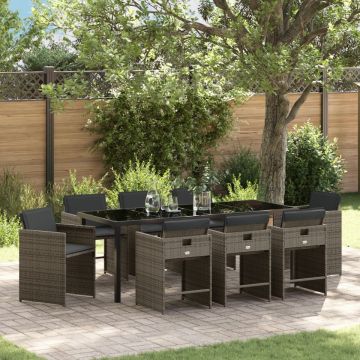 Set de dining în grădină cu 9 piese, cu perne, gri, poliratan