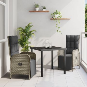 Set de dining pentru grădină , 3 piese, cu perne, gri, din ratan poli