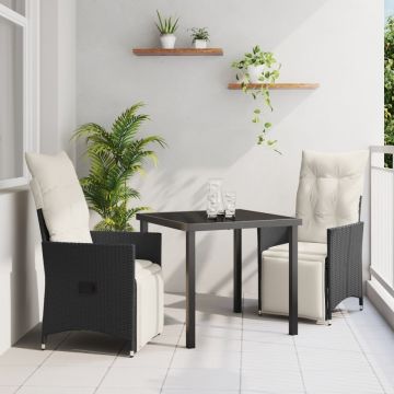 Set de dining pentru grădină 3 piese cu perne Negru Poliratan