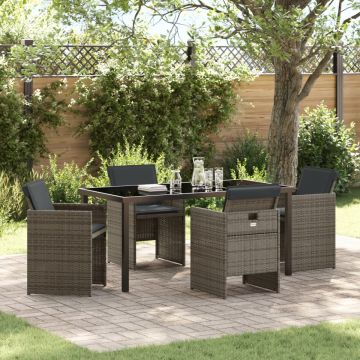 Set de dining pentru grădină 5 piese cu perne gri din rattan poliester