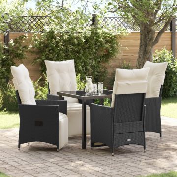 Set de dining pentru grădină 5 piese cu perne Negru Poliratan