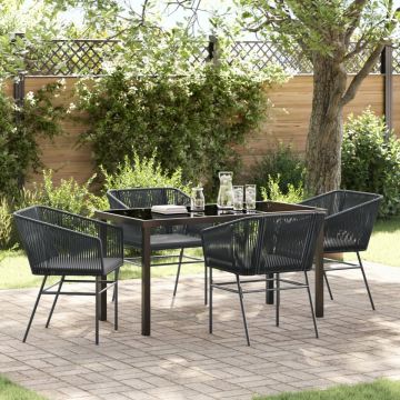 Set de dining pentru grădină 5 piese cu perne Negru Poliratan