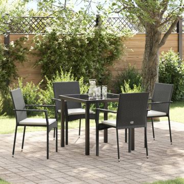 Set de dining pentru grădină 5 piese cu perne Negru Ratan sintetic