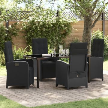Set de dining pentru grădină 5 piese cu perne Ratan Polimeric Negru, Masa de grădină Negru 160x80x73 cm Sticlă Temperată