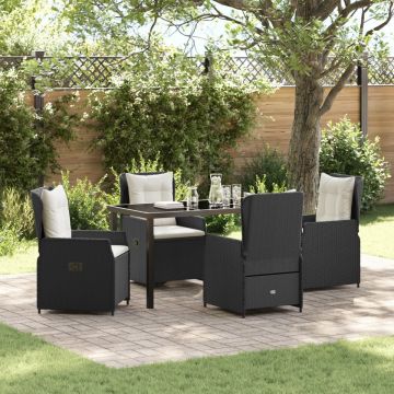 Set de Dining pentru Grădină 5 Piese Negru Poli Ratan, Masă de Grădină Neagră 140x80x73 cm Sticlă Securizată