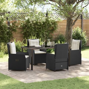 Set de dining pentru grădină 5 piese Negru Poliratan, Masă de grădină Neagră 160x80x73 cm Sticlă Temperată