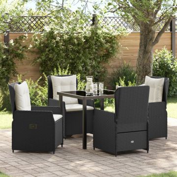 Set de dining pentru grădină 5 piese Ratan Polimer Negru, Masă de grădină Negru 80x80x73 cm Sticlă securizată
