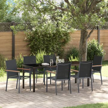 Set de dining pentru grădină 7 piese Negru Textilenă și Oțel