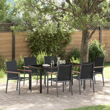 Set de dining pentru grădină 7 piese Negru Textilenă și Oțel