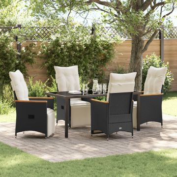 Set de dining pentru grădină cu 5 piese cu perne, poliratan negru